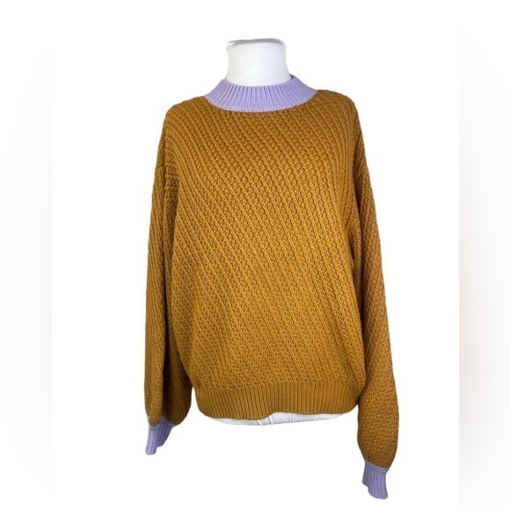 Lush Mustard Brown Purple Trim Oversized Sweater M
